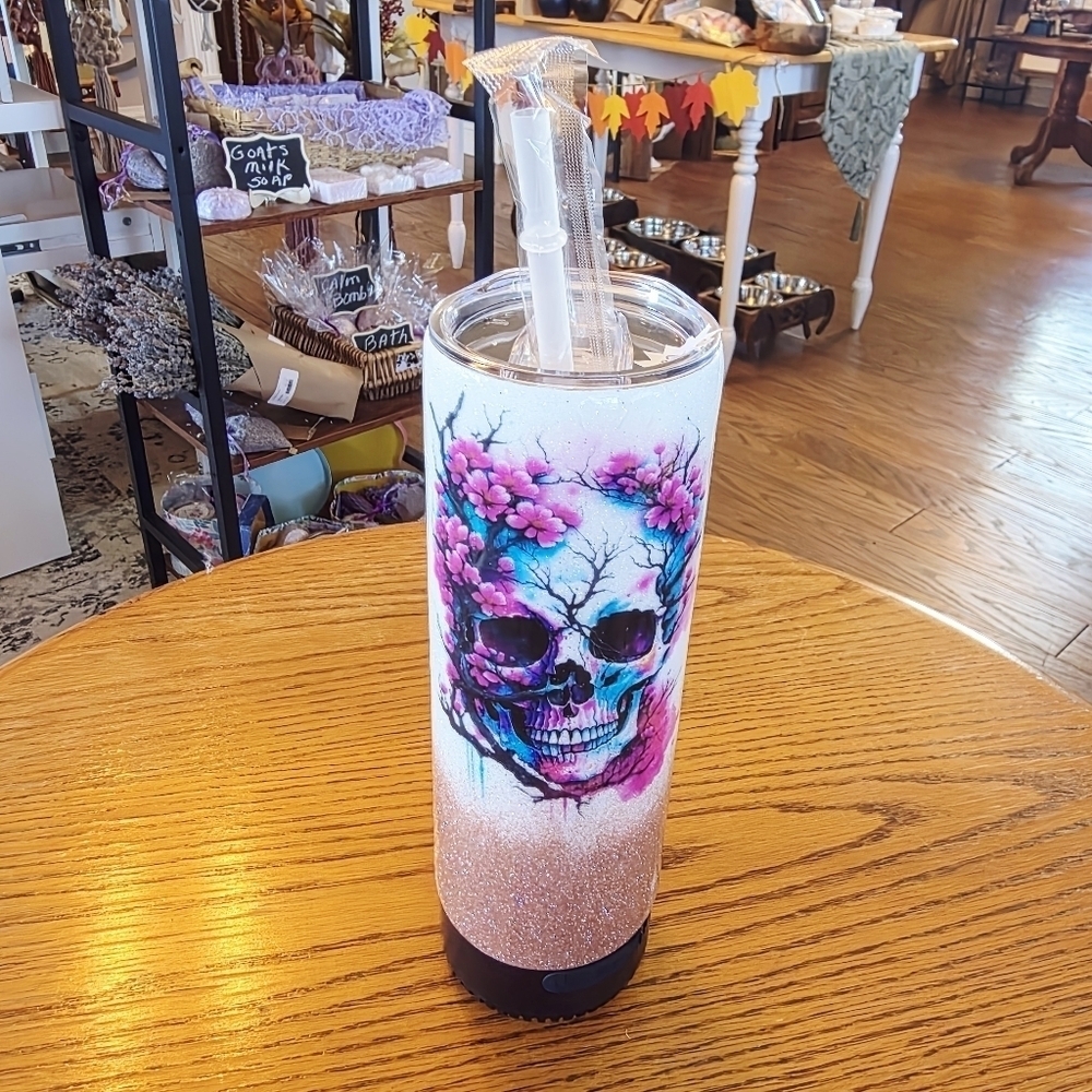 Hand Made Resin Floral Skull Tumbler With Bluetooth Speaker